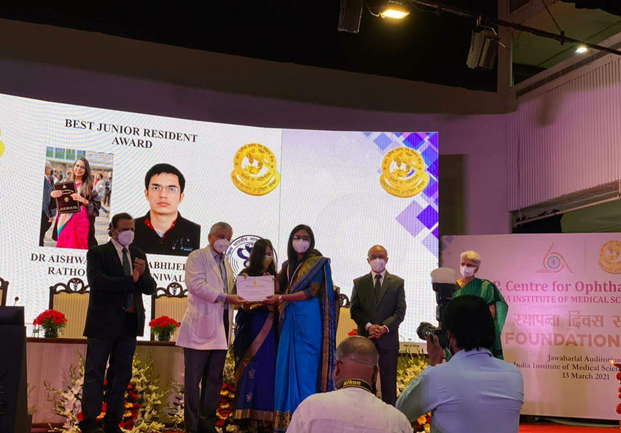 Dr. ARK receiving the Best Junior Resident award at AIIMS, New Delhi from Dr. Randeep Guleria along with Dr. Atul Kumar, Dr Jeevan Singh Titiyal and Dr. Ramanjit Sihota